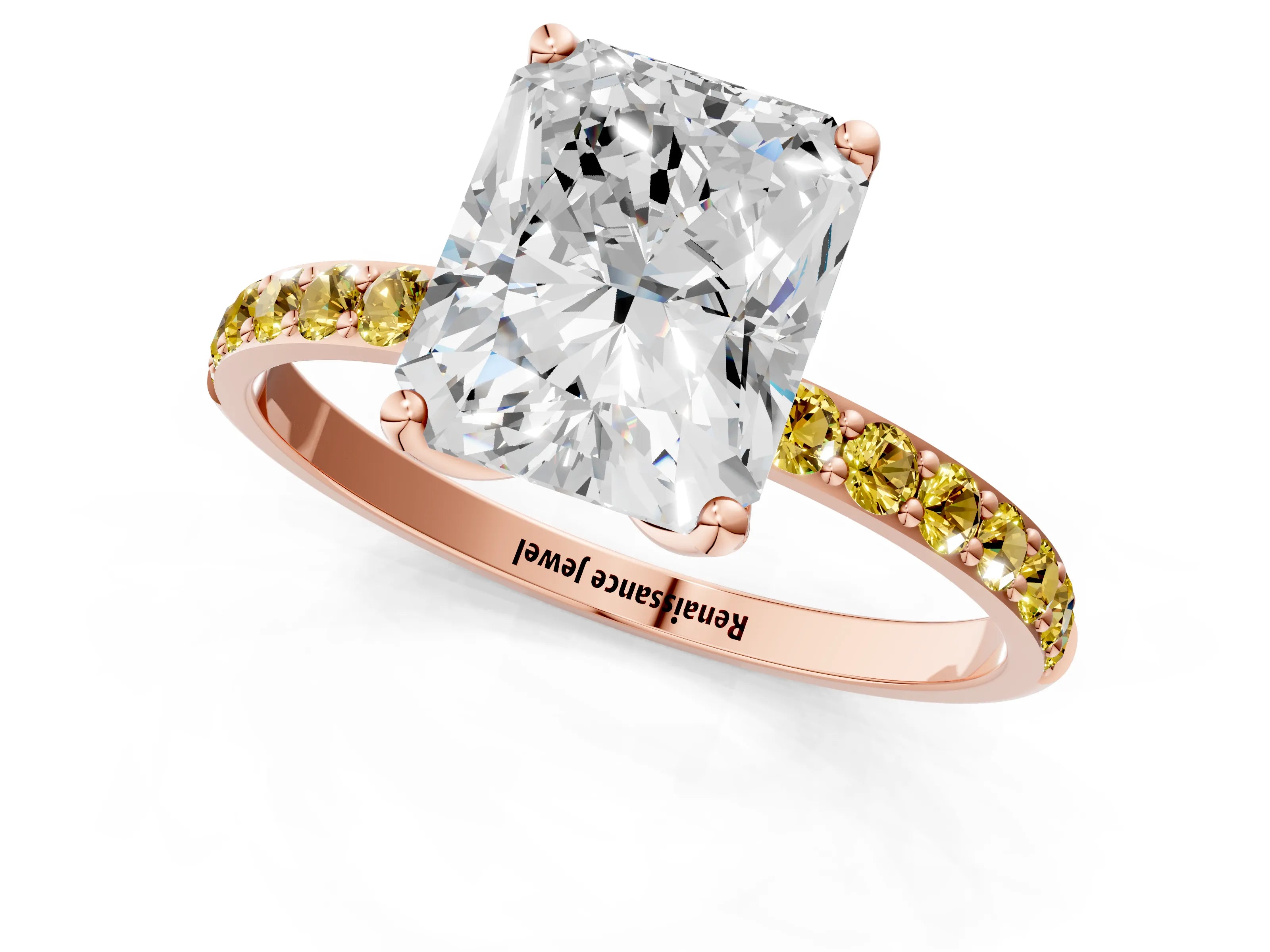 Rose gold Radiant Cut Diamond Solitaire Engagement Ring with Round with Yellow Sapphire side stone Pavé Band and Prong Setting_1