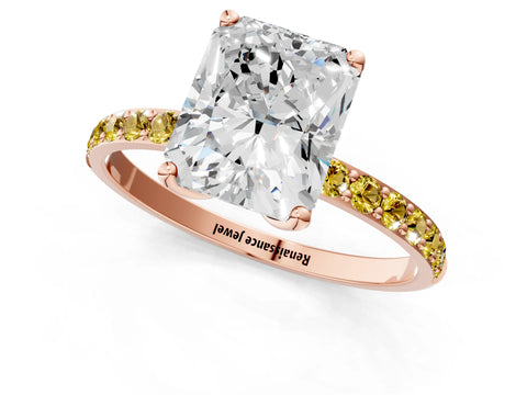 Rose gold Radiant Cut Diamond Solitaire Engagement Ring with Round with Yellow Sapphire side stone Pavé Band and Prong Setting_1