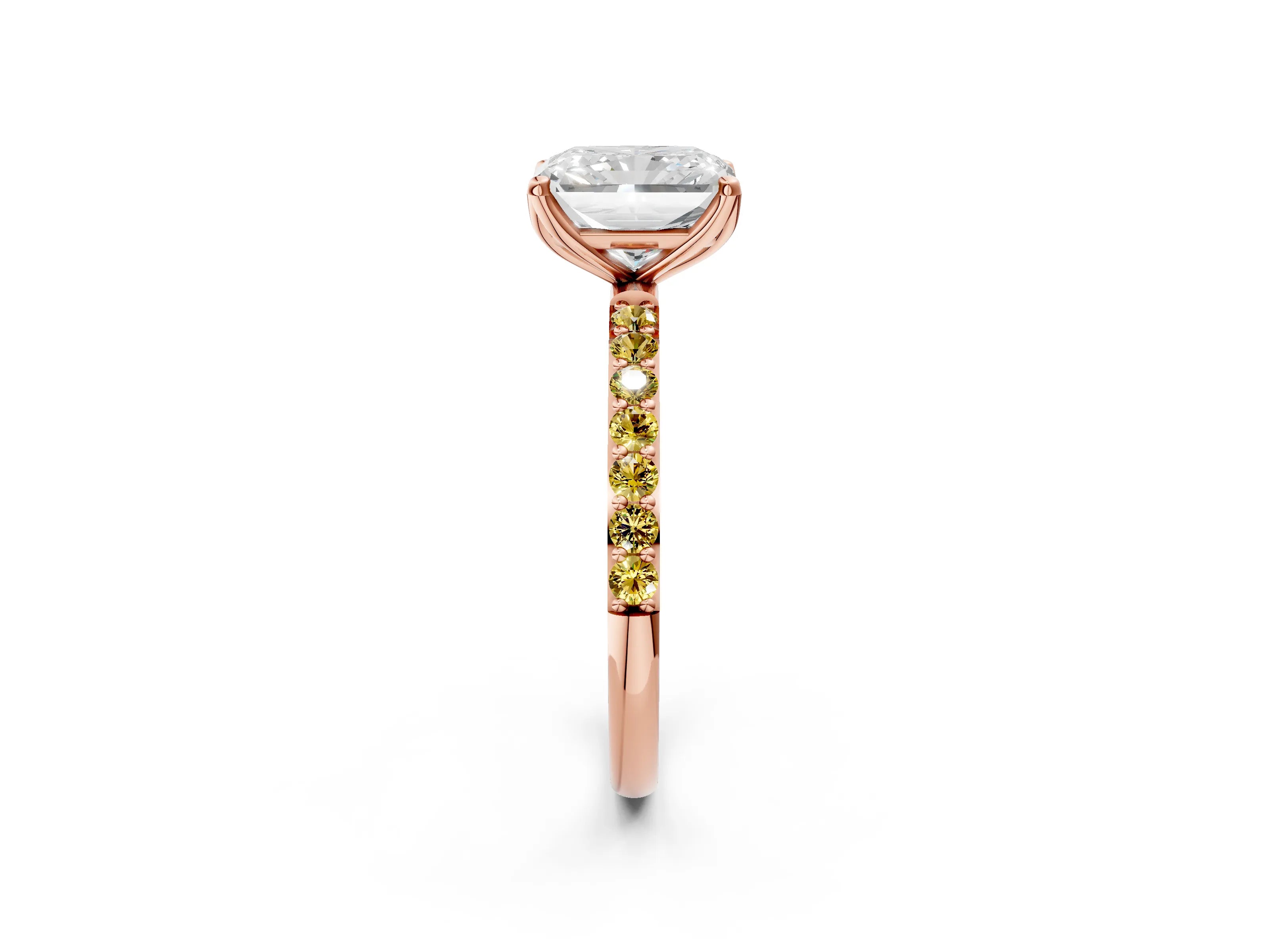 Rose gold Radiant Cut Diamond Solitaire Engagement Ring with Round with Yellow Sapphire side stone Pavé Band and Prong Setting_2