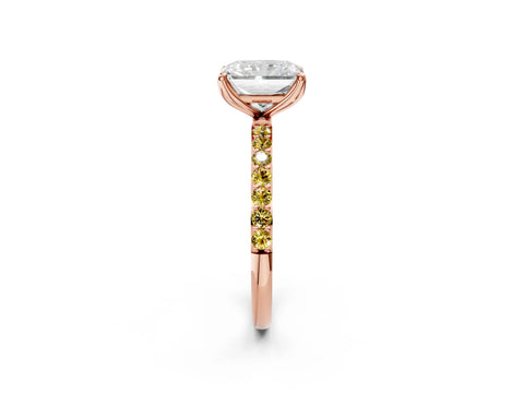 Rose gold Radiant Cut Diamond Solitaire Engagement Ring with Round with Yellow Sapphire side stone Pavé Band and Prong Setting_2