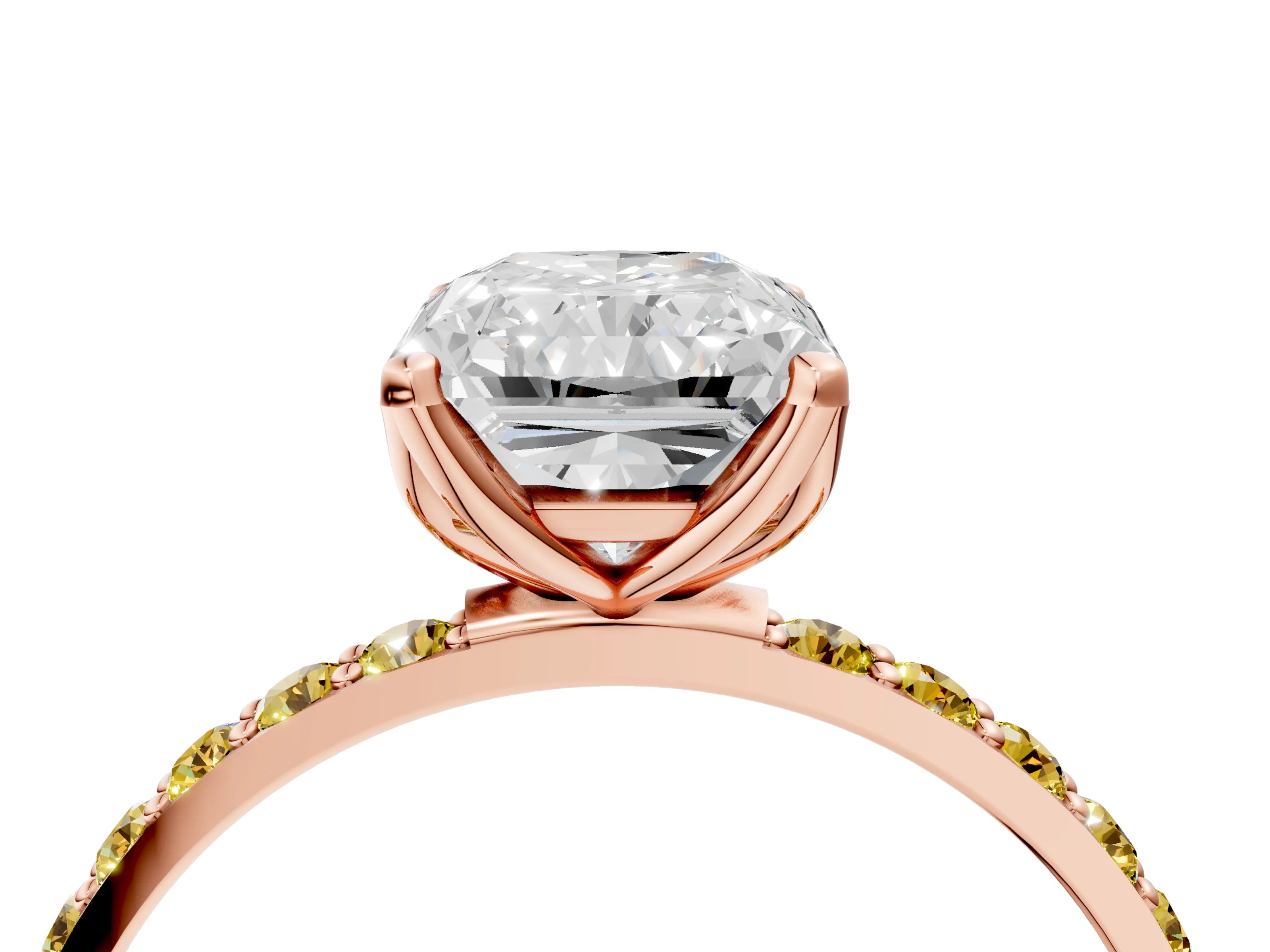 Rose gold Radiant Cut Diamond Solitaire Engagement Ring with Round with Yellow Sapphire side stone Pavé Band and Prong Setting_4