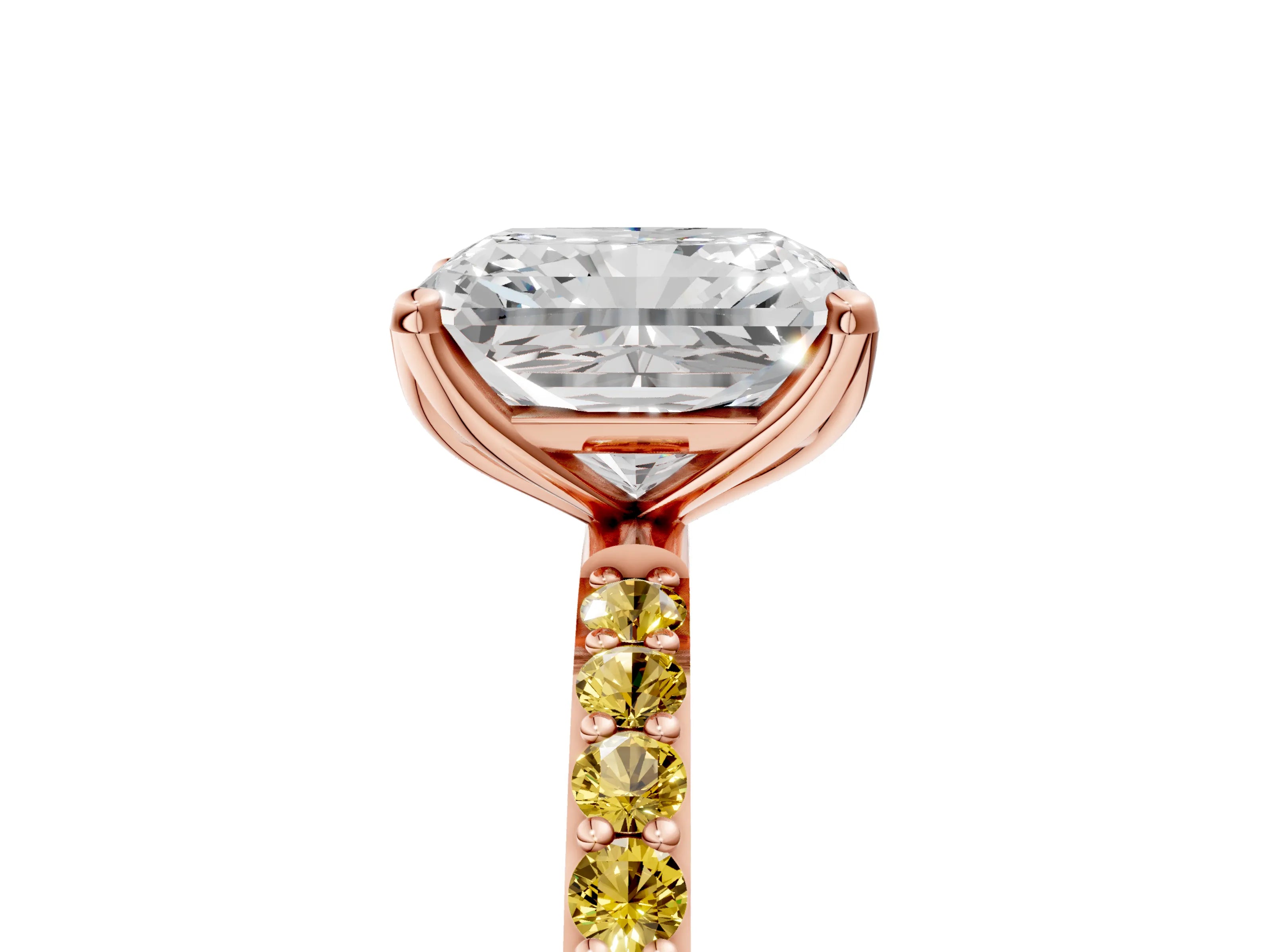 Rose gold Radiant Cut Diamond Solitaire Engagement Ring with Round with Yellow Sapphire side stone Pavé Band and Prong Setting_5