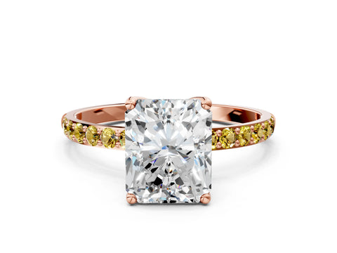 Rose gold Radiant Cut Diamond Solitaire Engagement Ring with Round with Yellow Sapphire side stone Pavé Band and Prong Setting