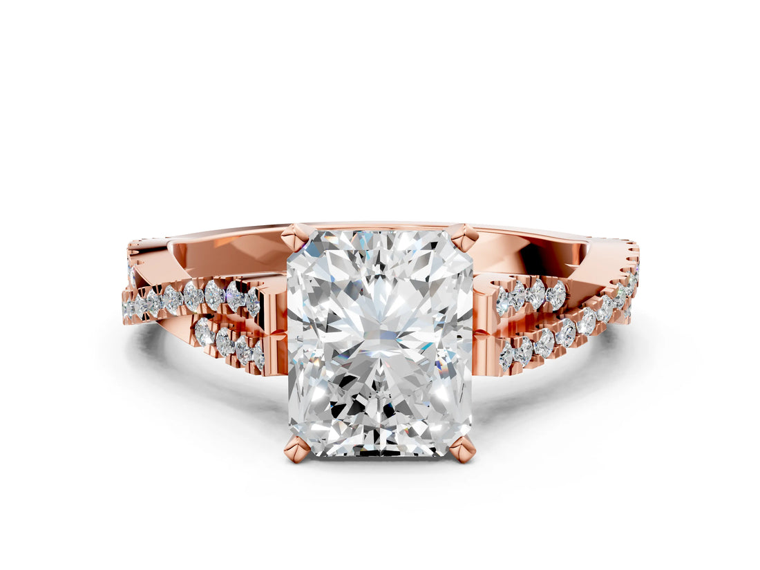 Rose gold Radiant Cut Diamond Solitaire Engagement Ring with Twisted Pavé Band and Four-Prong Setting_58