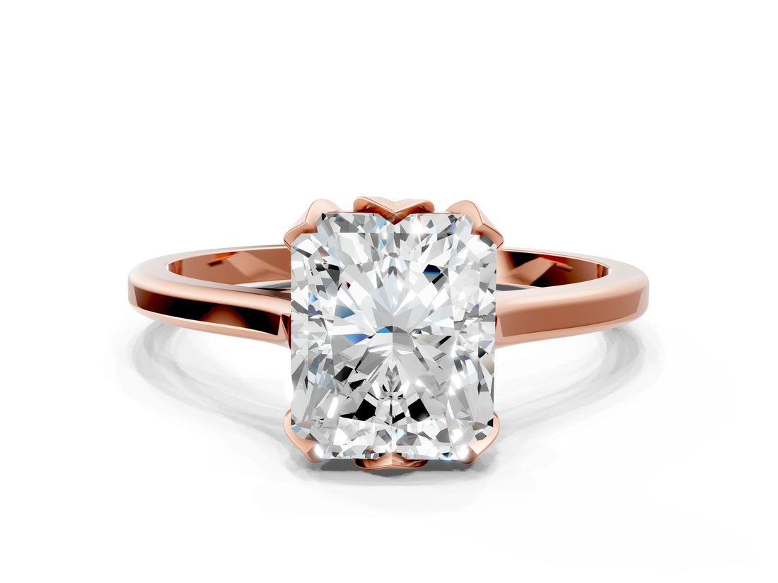 Rose gold Radiant Cut Diamond Solitaire Ring with Flower Prong Setting and Classic Band_180