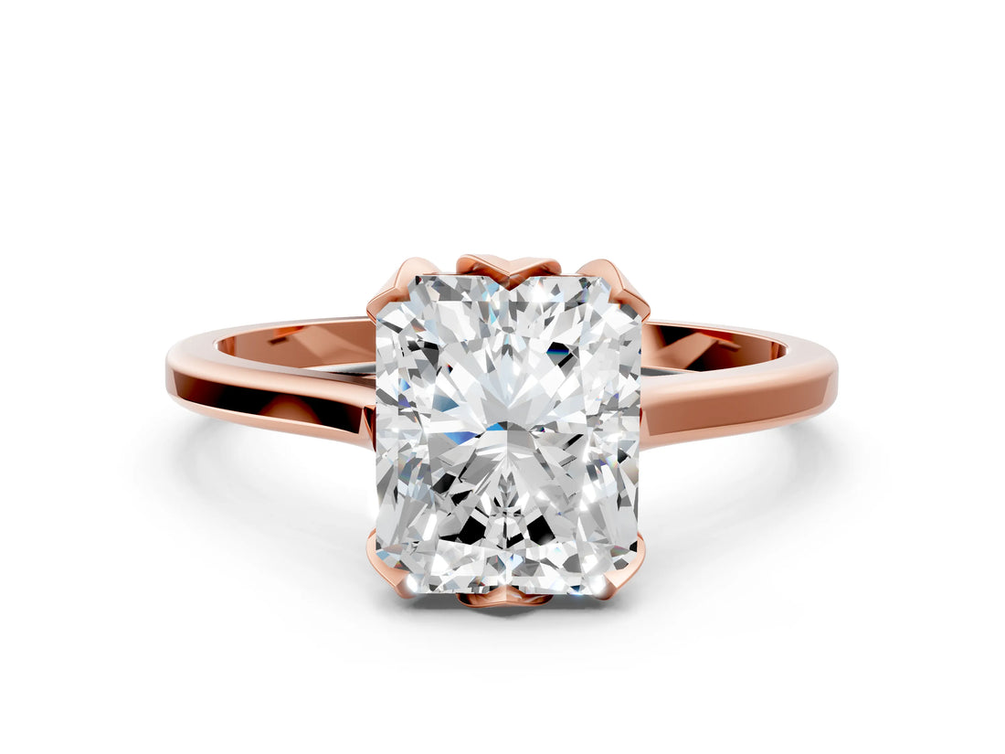 Rose gold Radiant Cut Diamond Solitaire Ring with Flower Prong Setting and Classic Band_36
