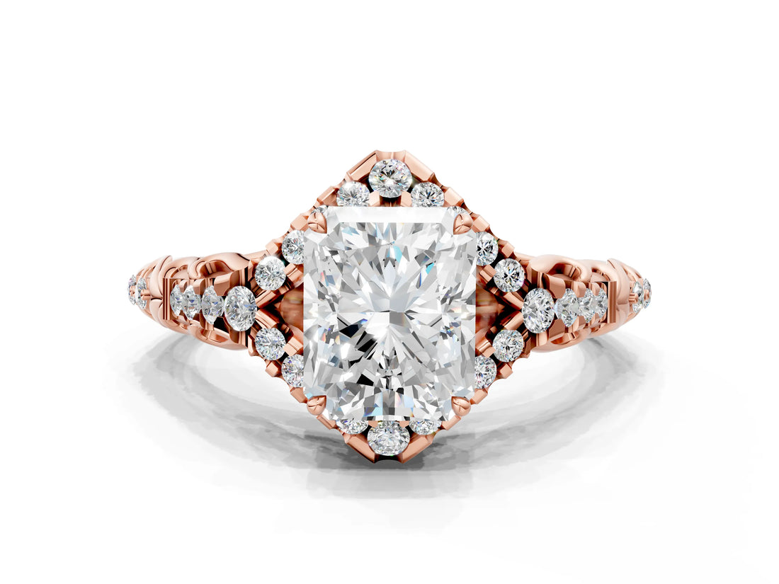 Rose gold Radiant Cut Diamond Solitaire Ring with Hidden Halo and Pavé Band_27