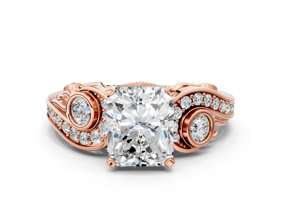 Rose gold Radiant Cut Diamond Solitaire Ring with Milgrain Pavé Band and Four-Prong Setting_171