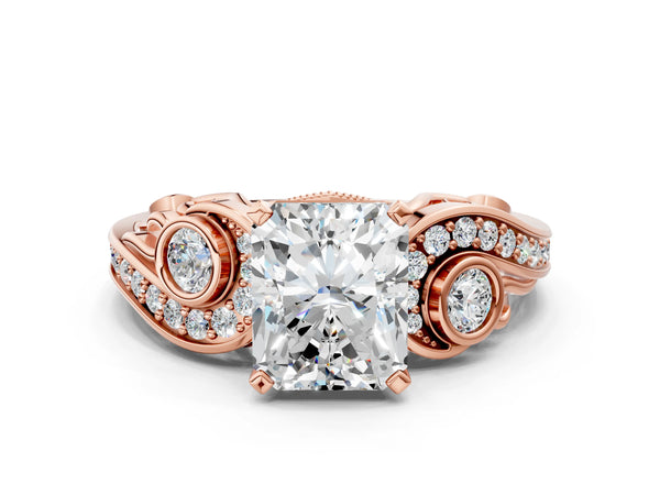 Rose Gold Radiant Cut Vintage Swirl Engagement Ring Setting with Bezel Side Accents