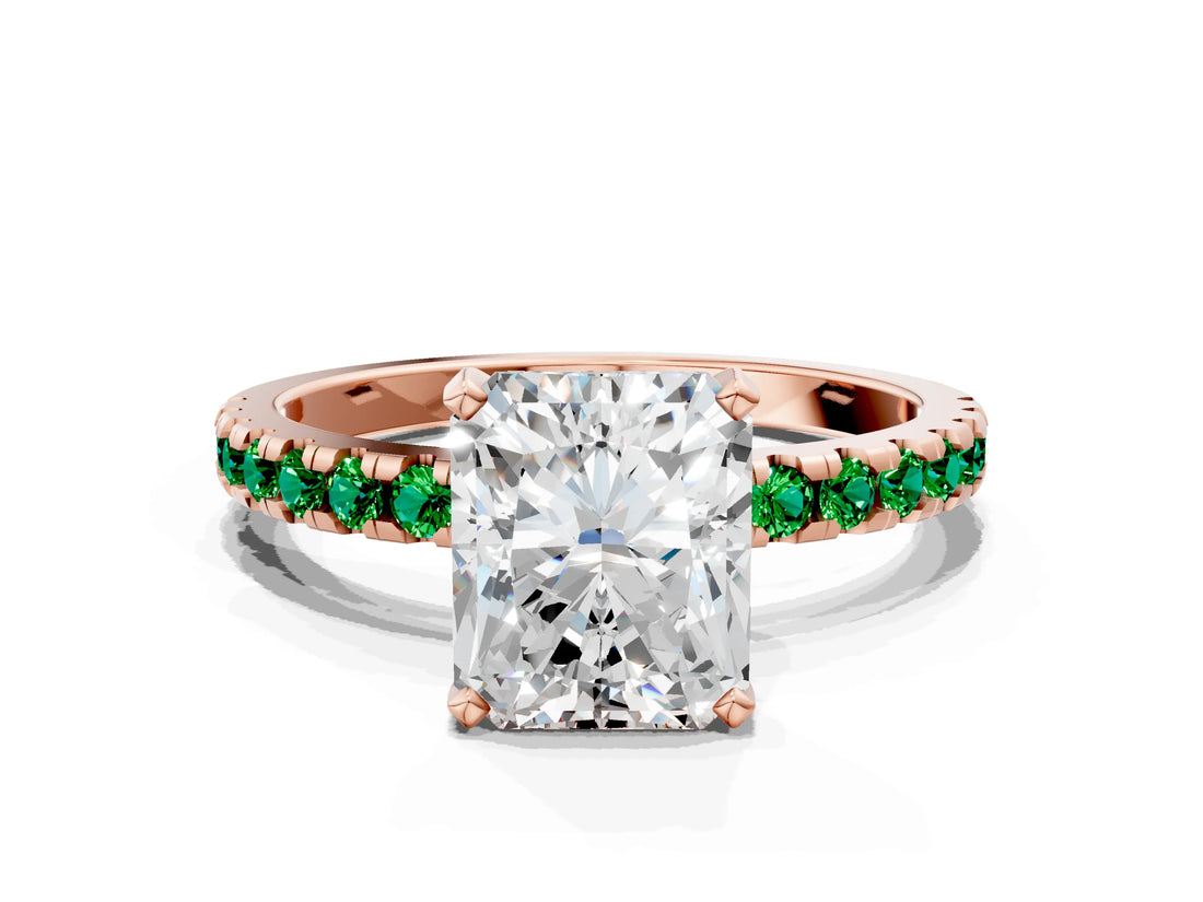 Rose gold Radiant Cut Diamond Solitaire Ring with Pavé Band and Four-Prong Setting