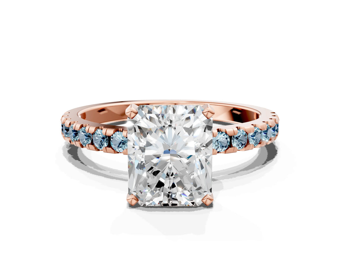 Rose gold Radiant Cut Diamond Solitaire Ring with Pavé Band and Four-Prong Setting