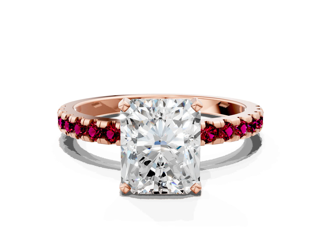 Rose gold Radiant Cut Diamond Solitaire Ring with Pavé Band and Four-Prong Setting