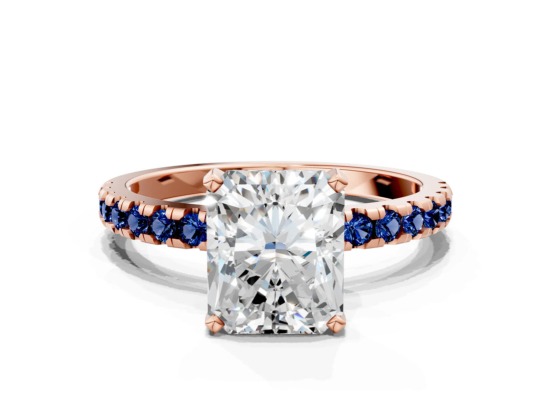 Rose gold Radiant Cut Diamond Solitaire Ring with Pavé Band and Four-Prong Setting