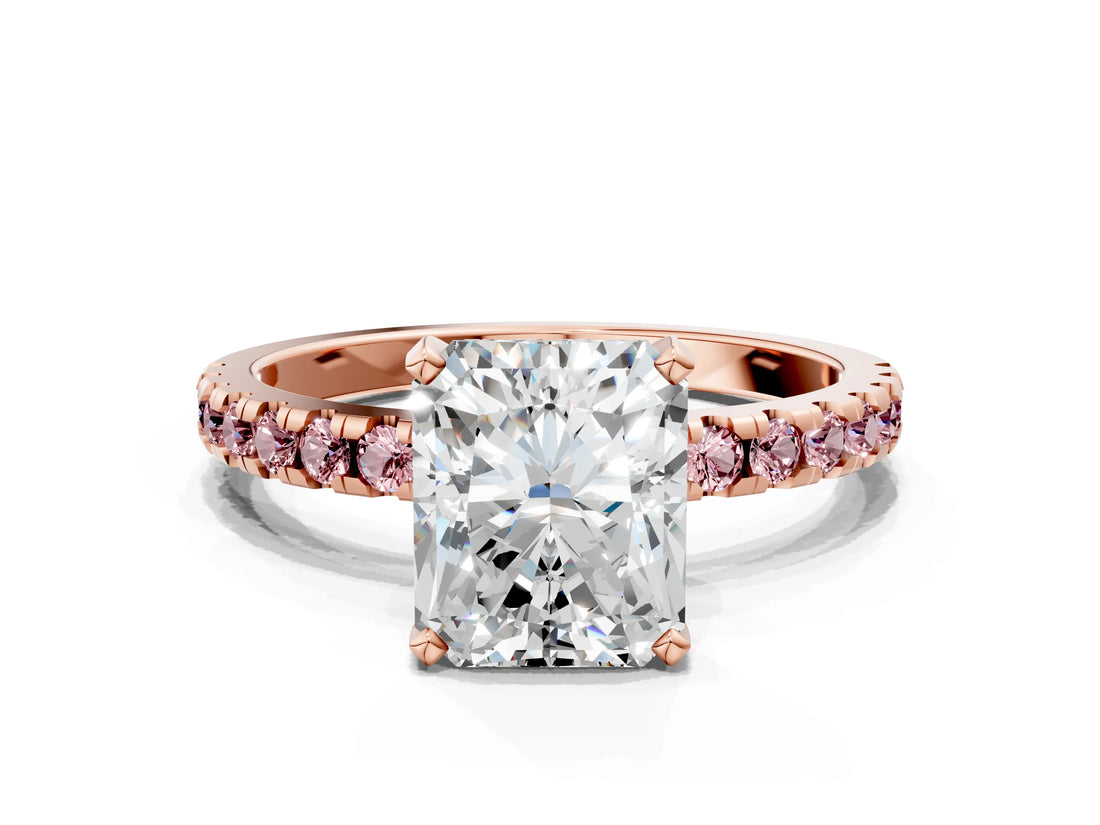 Rose gold Radiant Cut Diamond Solitaire Ring with Pavé Band and Four-Prong Setting