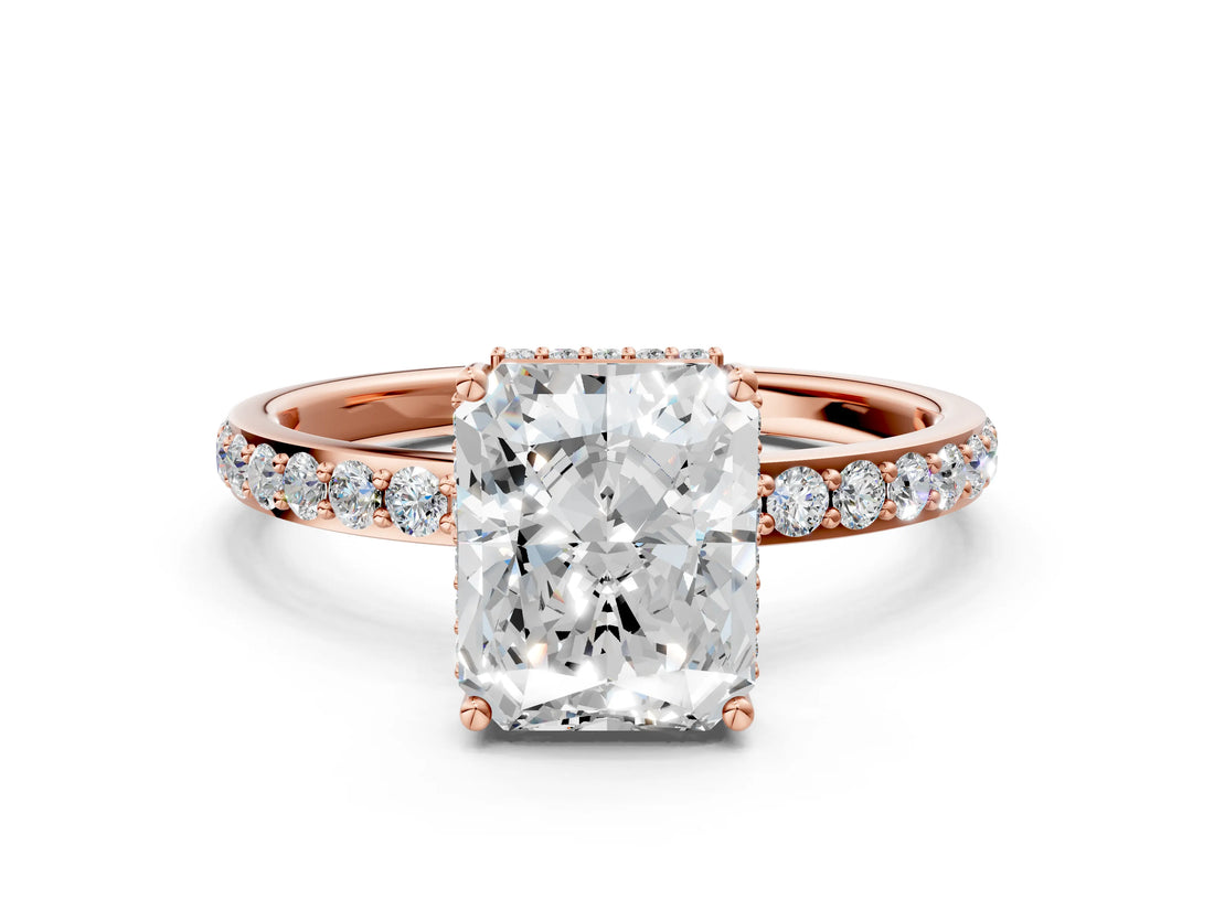 Rose gold Radiant Cut Diamond Solitaire Ring with Pavé Band and Hidden Halo_15