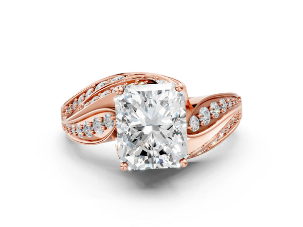 Rose Gold Radiant Cut Hidden Halo Bypass Engagement Ring Setting with Graduated Pave Shoulders
