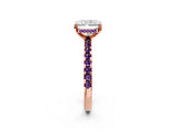 Rose gold Radiant Cut Diamond Solitaire Ring with Round with Amethyst side stone Pavé Band and Four-Prong Setting_38