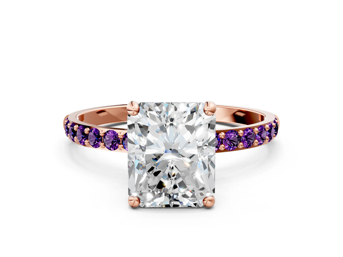 Rose gold Radiant Cut Diamond Solitaire Ring with Round with Amethyst side stone Pavé Band and Prong Setting_12