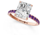 Rose gold Radiant Cut Diamond Solitaire Ring with Round with Amethyst side stone Pavé Band and Prong Setting_13