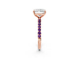 Rose gold Radiant Cut Diamond Solitaire Ring with Round with Amethyst side stone Pavé Band and Prong Setting_14
