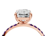 Rose gold Radiant Cut Diamond Solitaire Ring with Round with Amethyst side stone Pavé Band and Prong Setting_16