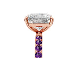 Rose gold Radiant Cut Diamond Solitaire Ring with Round with Amethyst side stone Pavé Band and Prong Setting_17