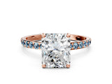 Rose gold Radiant Cut Diamond Solitaire Ring with Round with Aquamarine side stone Pavé Band and Prong Setting_24