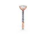Rose gold Radiant Cut Diamond Solitaire Ring with Round with Aquamarine side stone Pavé Band and Prong Setting_26