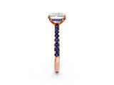 Rose gold Radiant Cut Diamond Solitaire Ring with Round with Blue Sapphire side stone Pavé Band and Four-Prong Setting_38