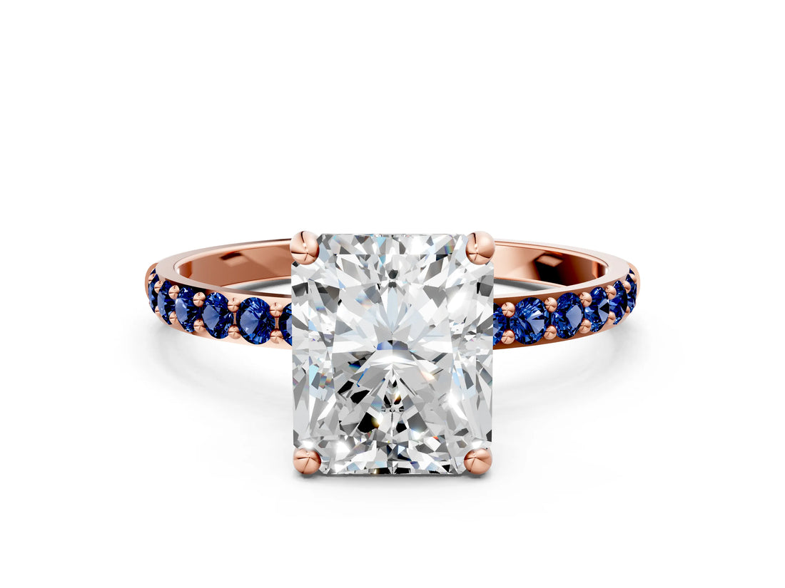 Rose gold Radiant Cut Diamond Solitaire Ring with Round with Blue Sapphire side stone Pavé Band and Prong Setting_12