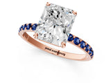 Rose gold Radiant Cut Diamond Solitaire Ring with Round with Blue Sapphire side stone Pavé Band and Prong Setting_13