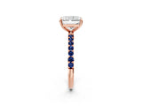 Rose gold Radiant Cut Diamond Solitaire Ring with Round with Blue Sapphire side stone Pavé Band and Prong Setting_14