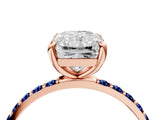 Rose gold Radiant Cut Diamond Solitaire Ring with Round with Blue Sapphire side stone Pavé Band and Prong Setting_16