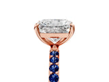 Rose gold Radiant Cut Diamond Solitaire Ring with Round with Blue Sapphire side stone Pavé Band and Prong Setting_17