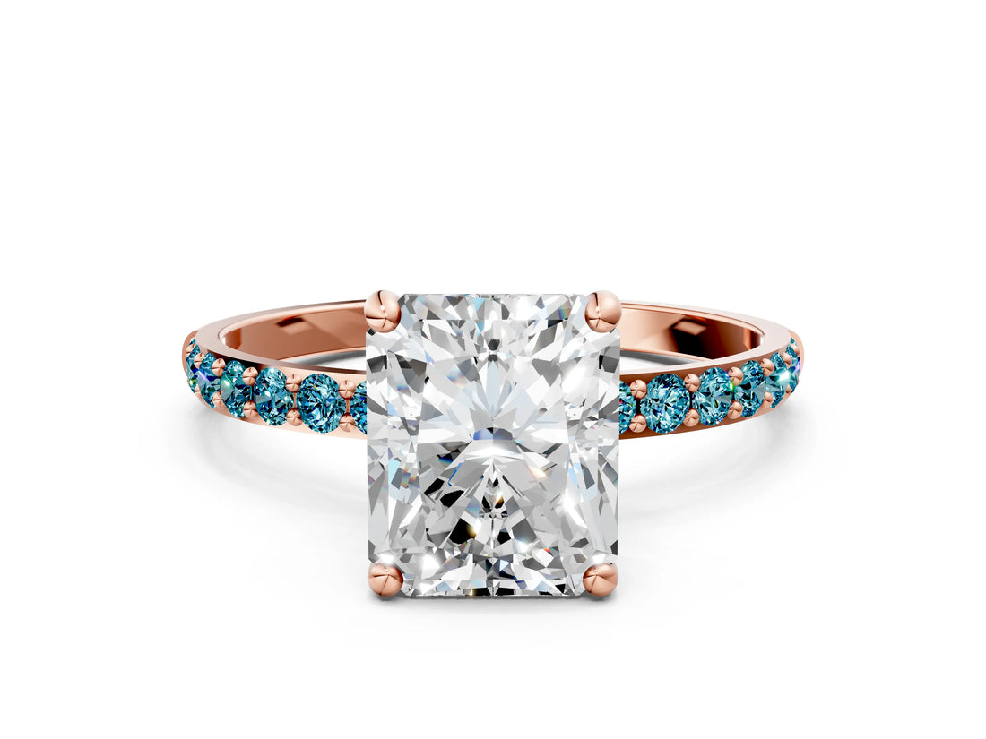 Rose gold Radiant Cut Diamond Solitaire Ring with Round with Blue Topaz side stone Pavé Band and Prong Setting_12