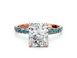 Rose gold Radiant Cut Diamond Solitaire Ring with Round with Blue Topaz side stone Pavé Band and Prong Setting_12