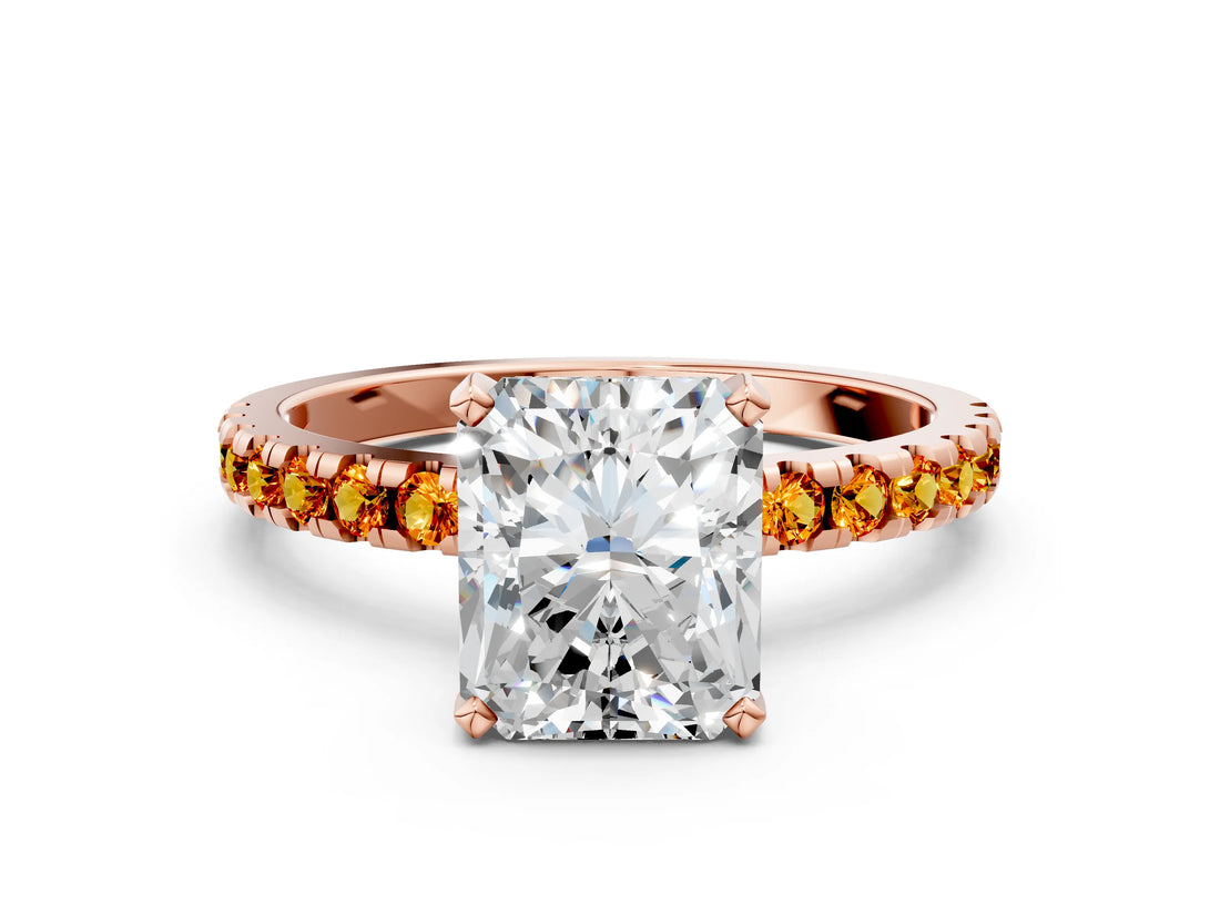 Rose gold Radiant Cut Diamond Solitaire Ring with Round with Citrine side stone Pavé Band and Four-Prong Setting_36