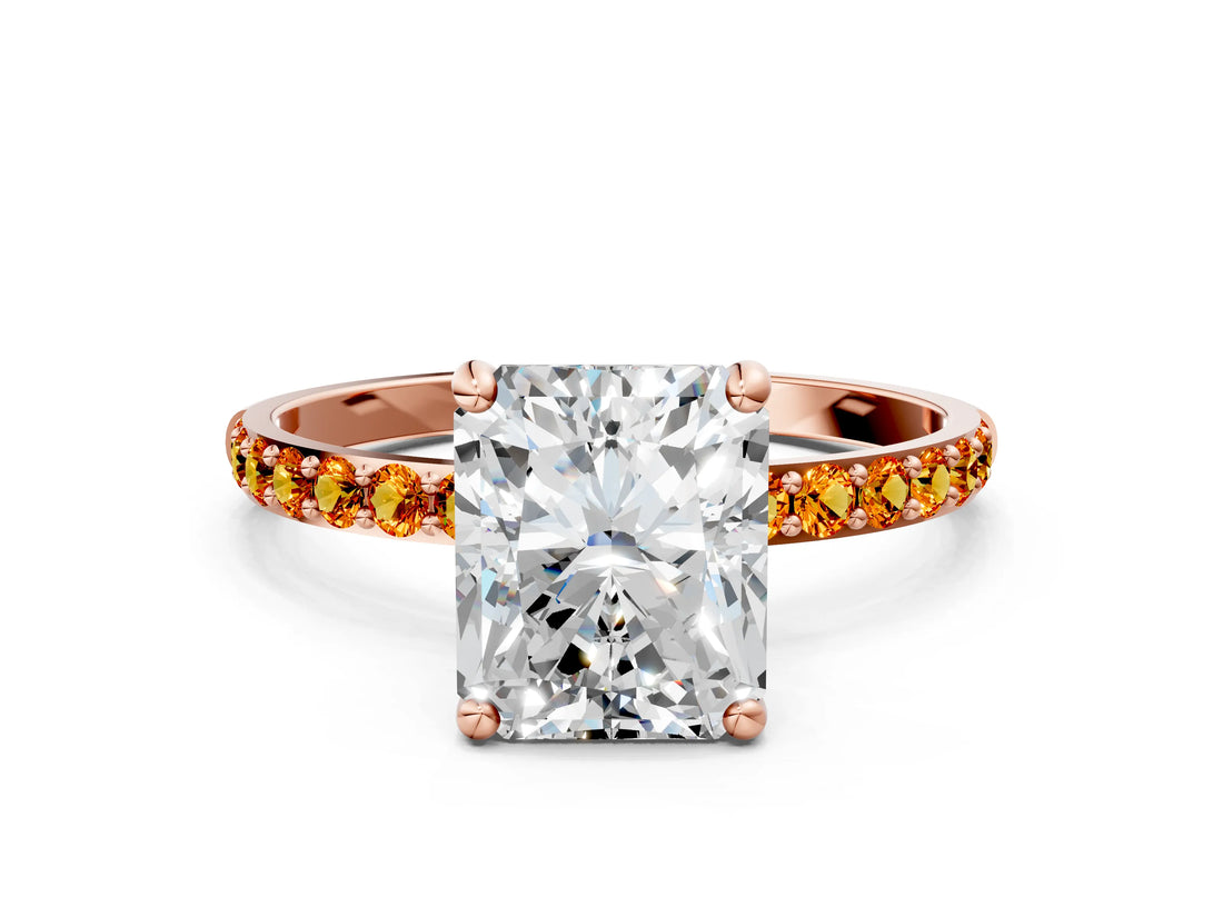 Rose gold Radiant Cut Diamond Solitaire Ring with Round with Citrine side stone Pavé Band and Prong Setting_12