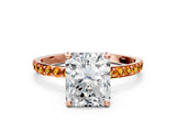 Rose gold Radiant Cut Diamond Solitaire Ring with Round with Citrine side stone Pavé Band and Prong Setting_12