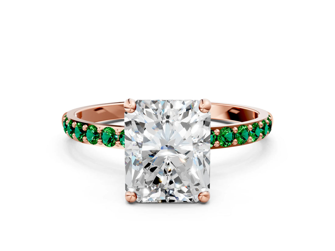 Rose gold Radiant Cut Diamond Solitaire Ring with Round with Emerald side stone Pavé Band and Prong Setting_36