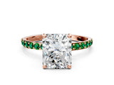 Rose gold Radiant Cut Diamond Solitaire Ring with Round with Emerald side stone Pavé Band and Prong Setting_36