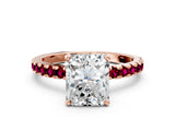 Rose gold Radiant Cut Diamond Solitaire Ring with Round with Garnet side stone Pavé Band and Four-Prong Setting_36
