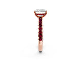 Rose gold Radiant Cut Diamond Solitaire Ring with Round with Garnet side stone Pavé Band and Four-Prong Setting_38