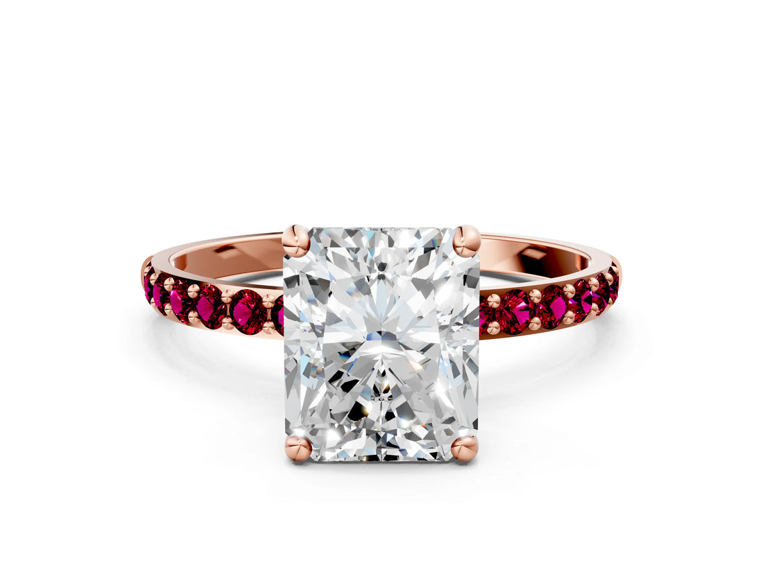 Rose gold Radiant Cut Diamond Solitaire Ring with Round with Garnet side stone Pavé Band and Prong Setting_36