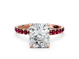 Rose gold Radiant Cut Diamond Solitaire Ring with Round with Garnet side stone Pavé Band and Prong Setting_36