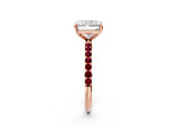 Rose gold Radiant Cut Diamond Solitaire Ring with Round with Garnet side stone Pavé Band and Prong Setting_38