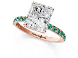 Rose gold Radiant Cut Diamond Solitaire Ring with Round with Green Sapphire side stone Pavé Band and Prong Setting_1