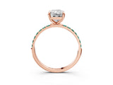 Rose gold Radiant Cut Diamond Solitaire Ring with Round with Green Sapphire side stone Pavé Band and Prong Setting_3