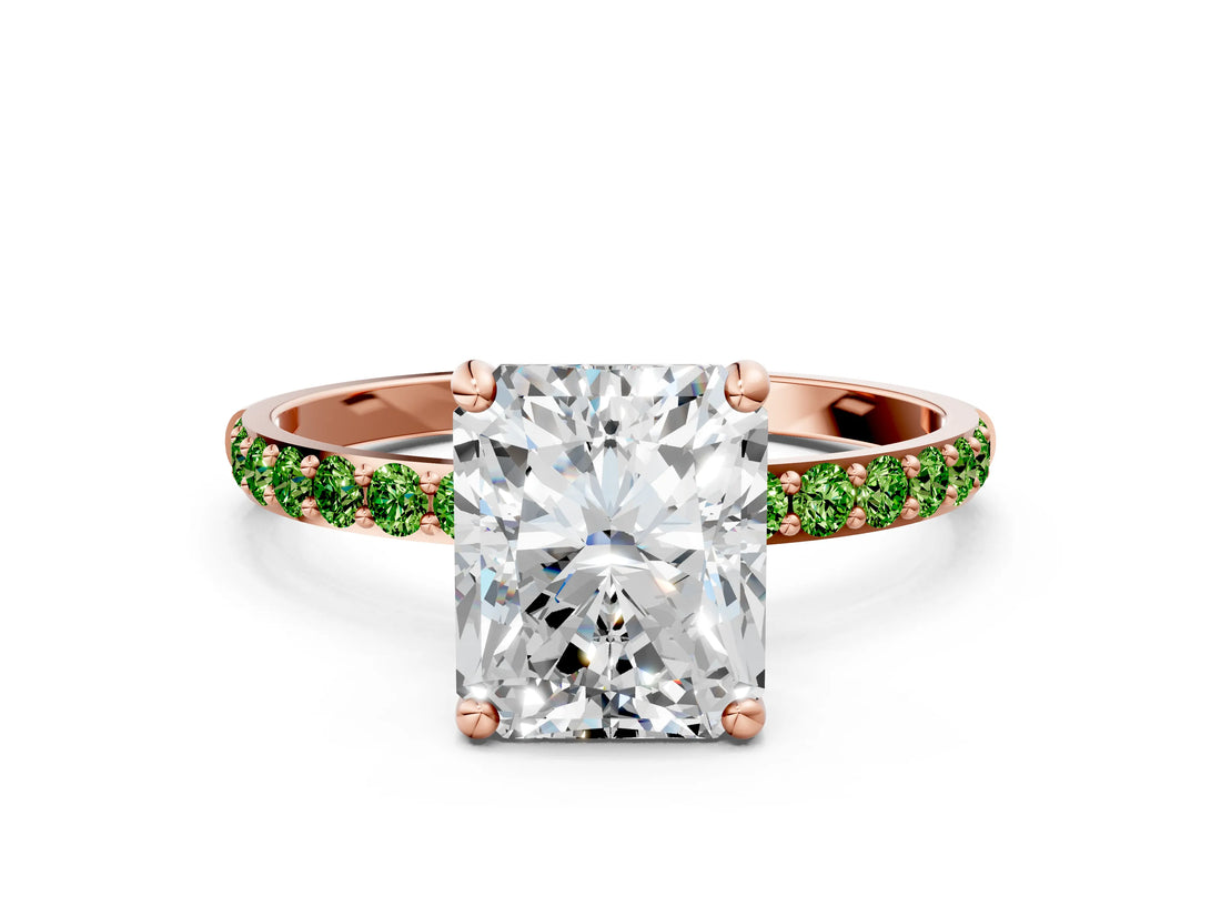 Rose gold Radiant Cut Diamond Solitaire Ring with Round with Peridot side stone Pavé Band and Prong Setting