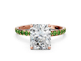 Rose gold Radiant Cut Diamond Solitaire Ring with Round with Peridot side stone Pavé Band and Prong Setting